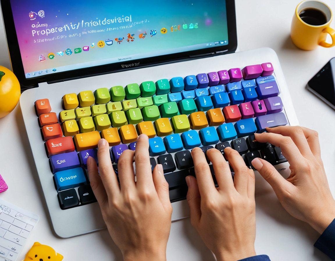 A close-up view of hands confidently typing on a vibrant, illuminated QWERTY keyboard, surrounded by floating icons of productivity tools and joyful emojis. The background features a soft gradient that radiates positivity and efficiency, with a light burst effect to symbolize enlightenment. Include a subtle motivational quote in cursive at the top. super-realistic. vibrant colors. soft gradient background.