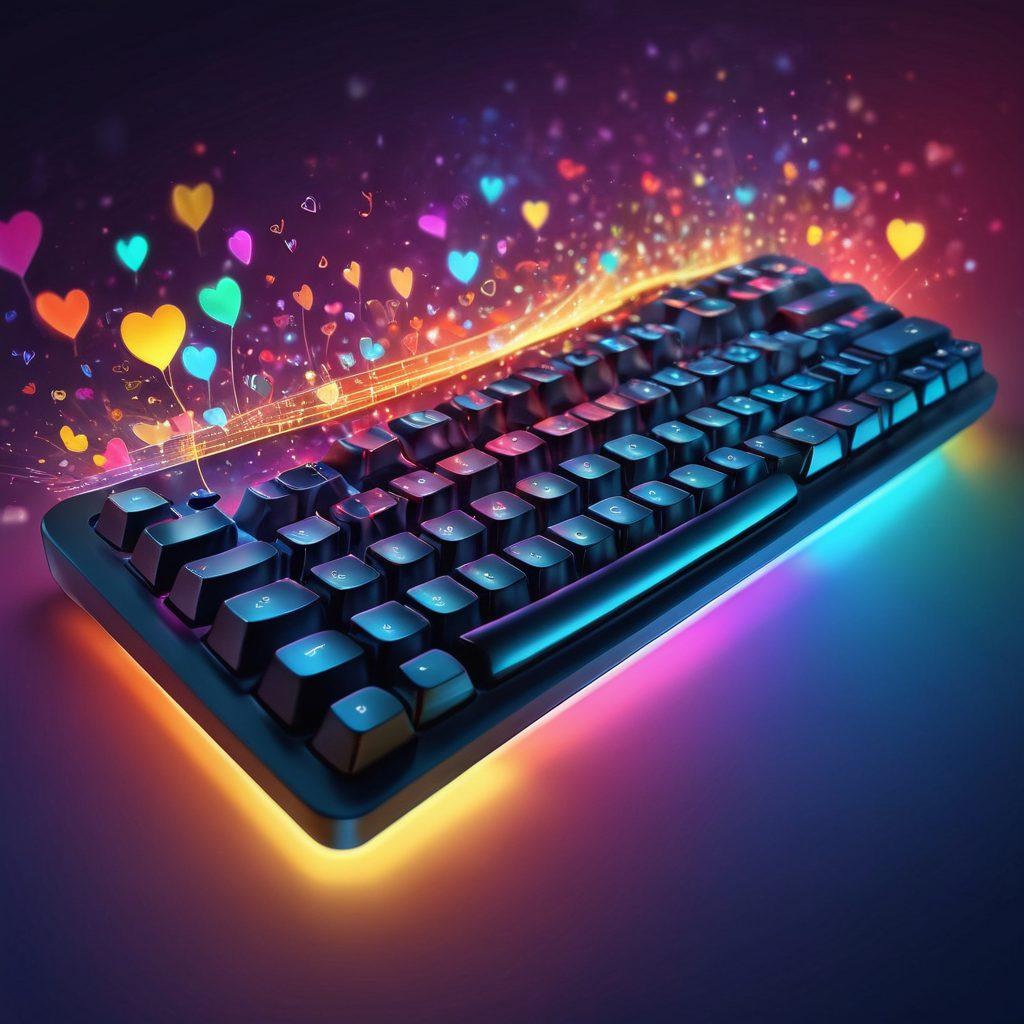 An artistic depiction of a QWERTY keyboard with vibrant colors and glowing keys, surrounded by floating symbols of joy like smiles and hearts. The background features a serene workspace with soft lighting, emphasizing a productive atmosphere. Show hands gracefully typing, embodying a sense of bliss and inspiration. The overall mood should be uplifting and inviting. super-realistic. vibrant colors. soft focus.