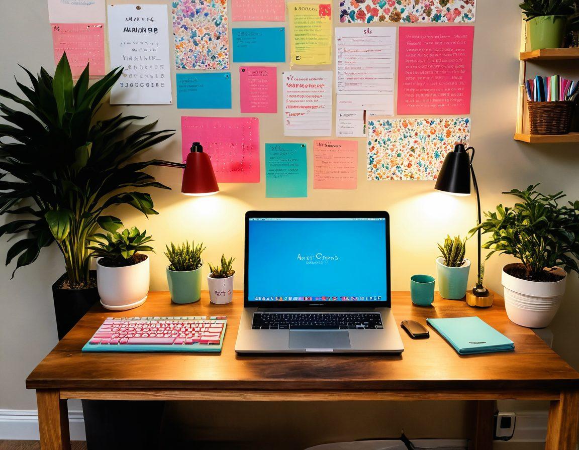 A cozy home office setup featuring a chic wooden desk adorned with colorful stationery, a laptop with a cheerful wallpaper, and inspiring quotes on the wall. Soft warm lighting creates a calming atmosphere, while a potted plant adds a touch of nature. Include an inviting coffee mug and a playful keyboard with vibrant keycaps to emphasize a joyful typing experience. super-realistic. vibrant colors. cozy ambiance.